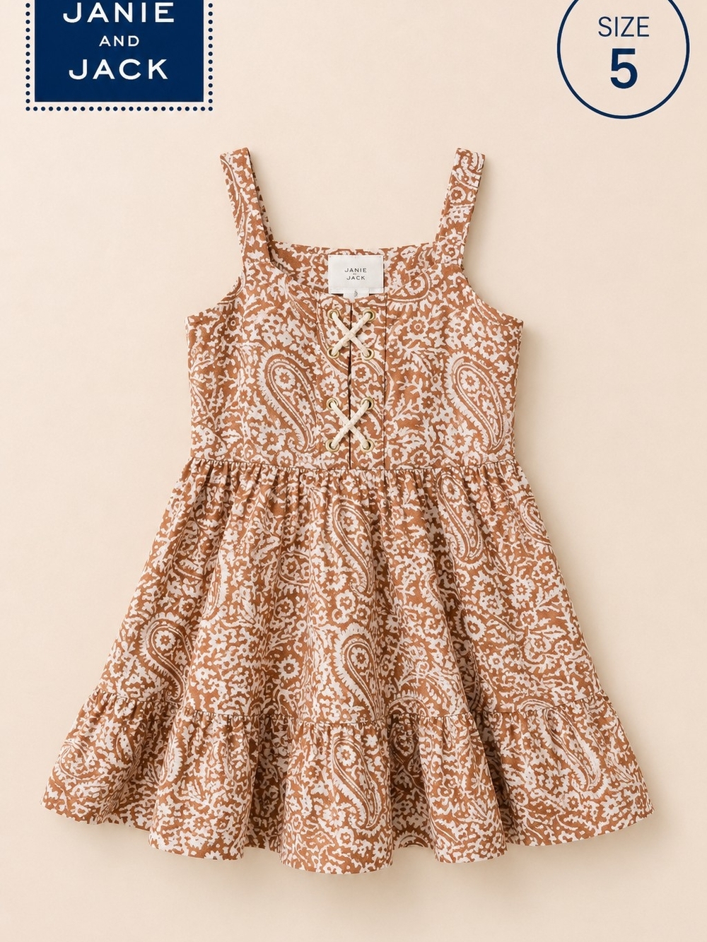 Janie and Jack Tan Paisley Lace-Up Sundress